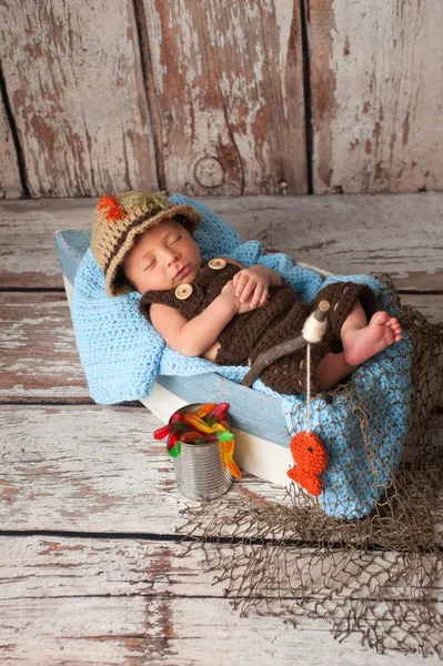 Newborn Baby Boy in Fisherman Outfit — Stock Photo, Image