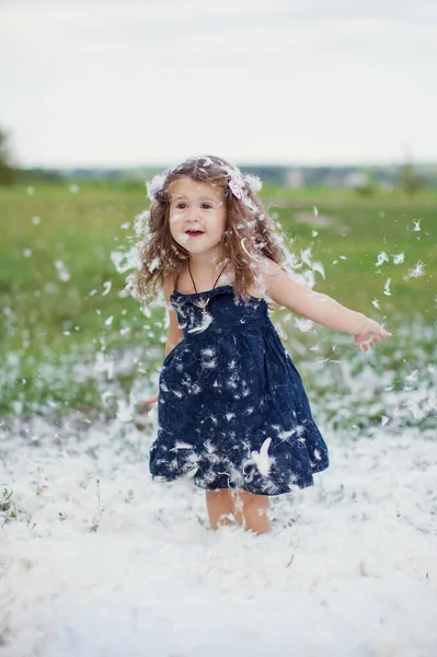Federkissen Chaos Und Glückliches Kleines Mädchen Freien Auf Dem Feld — Stockfoto