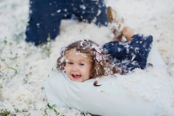 Kuş tüyü yastık dağınıklığı ve mutlu küçük kız tarlada