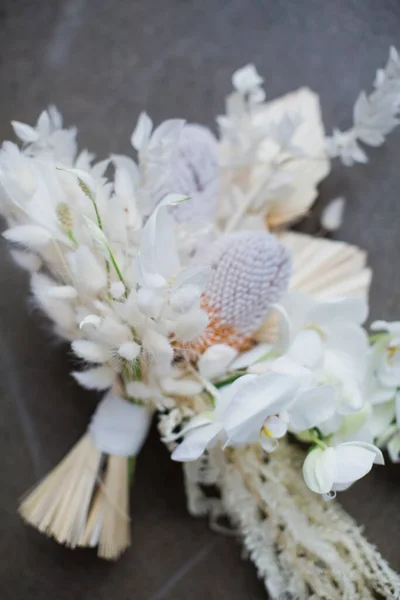 Beautiful Wedding Boho Bouquet Orchids Banksia Dry Flowers Grey Concrete — Stock Photo, Image