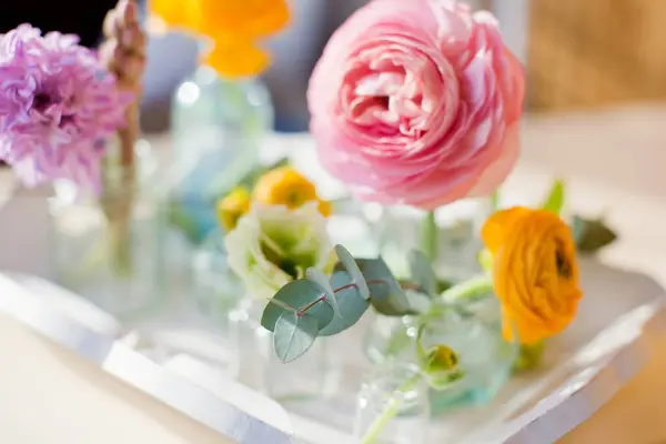 Beautiful Colorful Flowers Glass Bottles Vintage Wooden Tray Flowers Sunlight — Stock Photo, Image