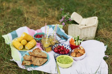 Picnic with food, drinks, rattan basket on the tablecloth in the park. Cute picnic outdoor, take food in the park, street food concept