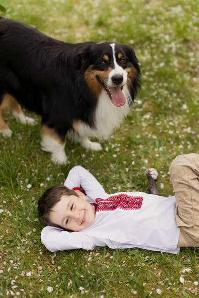 Caucasian Boy Traditional Ukrainian Cloth Vyshyvanka Lying Green Grass Australian — Stock Photo, Image