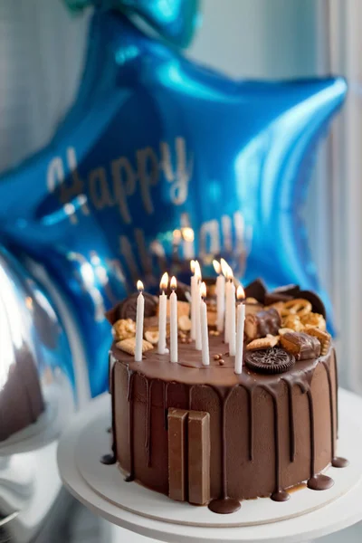 Chocolate Cake Various Sweets Blue Star Shaped Balloon Happy Birthday — Stock Photo, Image