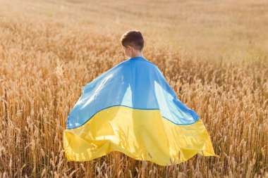 Buğday tarlasında Ukrayna bayrağı taşıyan çocuk. Ukrayna 'nın bağımsızlık günü kavramı. Ukrayna 'daki savaşı durdurun.