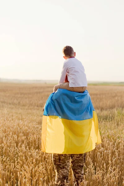 Military Man Child Ukraine Flag Wheat Field Ukraine Independence Day — Φωτογραφία Αρχείου