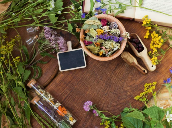 Frame homeopathy and herbal medicine concept. Wooden mortar and pestle with dry herbs, wildflowers, chalkboard and glass bottles on a wooden background