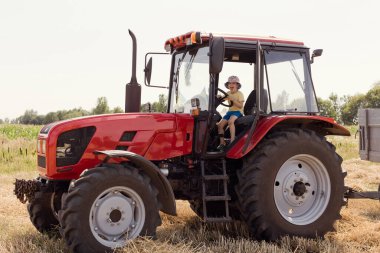Caucasian boy sitting in the cabin tractor in the wheat field. Wheat grain harvest season