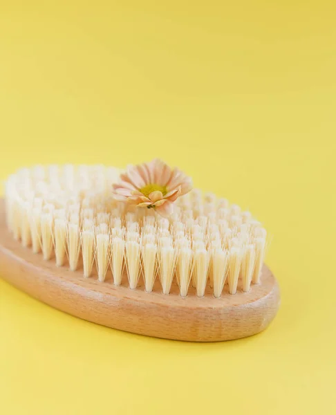 Hair brush, anti-cellulite brush with flower on a yellow background. Eco cosmetics products and tools on a yellow background. Zero waste, Plastic free. Sustainable lifestyle concept.