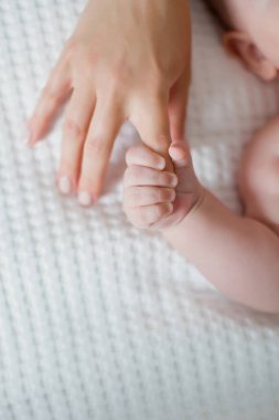 Anne ve bebek el ele tutuşuyorlar. Ebeveynlik kavramı