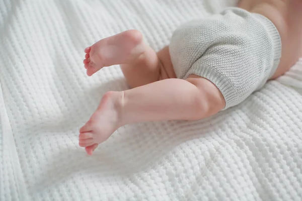 Cute Infant Baby Knit Shorts Lying White Blanket Bed — Stock Photo, Image