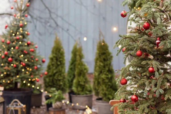 Julgran Kruka Med Röda Dekorationer Och Ljus Utomhus Nära Grå — Stockfoto