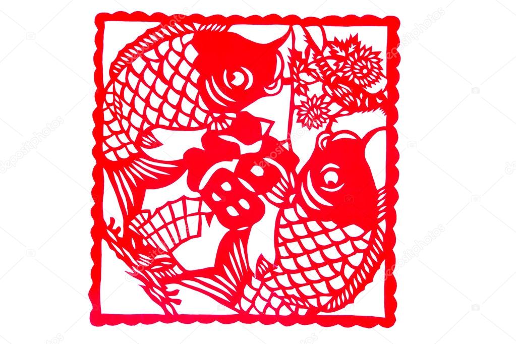 Chinese paper-cut - Pisces hold blessing