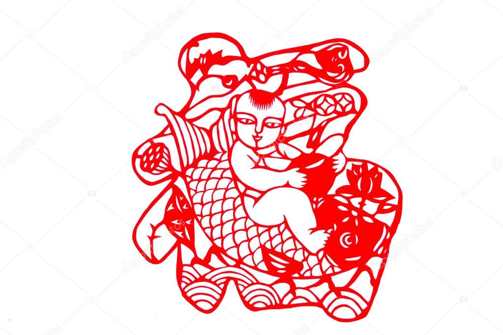 Chinese paper cutting - blessing, the golden boy riding fish