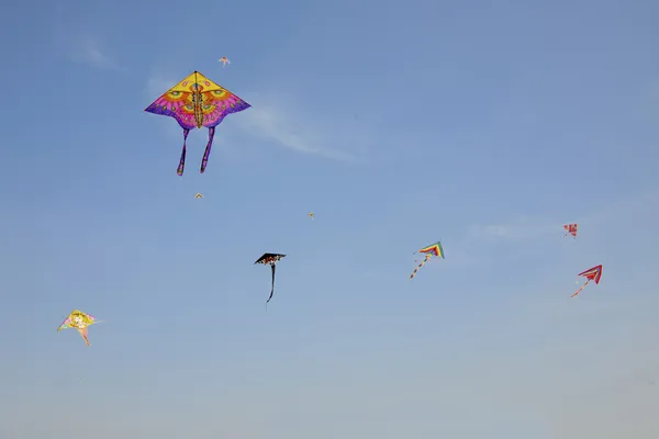 Unter blauem Himmel Drachen fliegen — Stockfoto