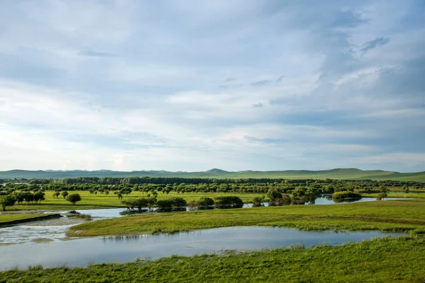 Mongolia Interna Hulunbeier Ergun sunset Root River Wetlands — Foto Stock