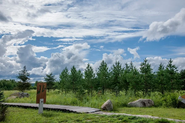 Daxinganling mohe, heilongjiang provinz, nördliches arktisches dorf arktische sandbank aussehend asiatische schriften hundert quadratische mund "norden" wort — Stockfoto