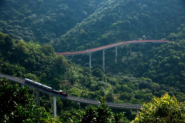 Shenzhen Stadt, Provinz Guangdong, östlich Dameisha-Teetal gebogene Verlängerung der Wälder in den Bergen Eisenbahnlinie — Stockfoto