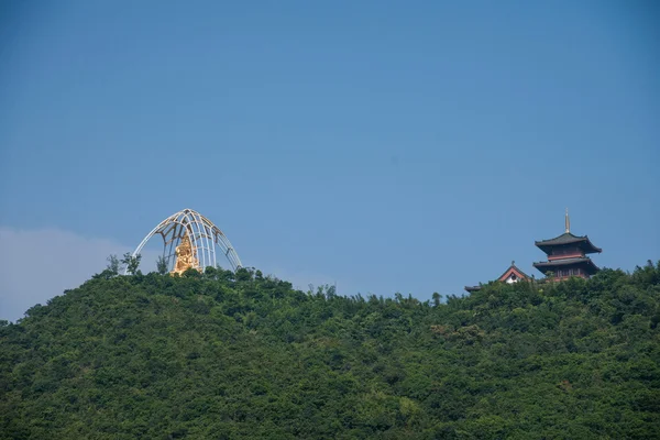 Shenzhen city, provincie guangdong, východní dameisha huaxing chrám obklopený zlato buddha buddha sedící na lotus — Stock fotografie