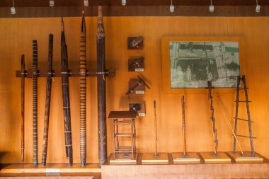 Zigong city, sichuan zigong tuz tuz Müzesi gösteri art arda sondaj, kuyu, salamura kullanılan çeşitli araçlar