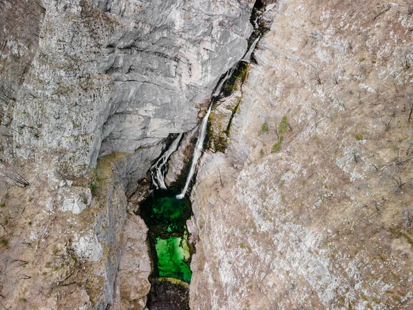 Aerial Wodospadów Savica Słynny Zabytek Słowenii Jezioro Bohinj Park Narodowy — Zdjęcie stockowe