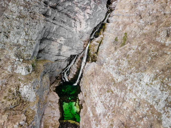 Aerial Wodospadów Savica Słynny Zabytek Słowenii Jezioro Bohinj Park Narodowy — Zdjęcie stockowe