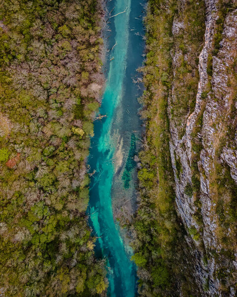 Aerial top down view of krka river in krka national park, Croatia