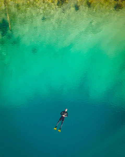 One Diver Blue Hole Izvor Cetine Dalmatia Aerial Top Shot — Stock Photo, Image