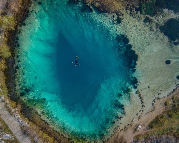 One Male Person Blue Hole Izvor Cetine Dalmatia Aerial Top — Stock Photo, Image