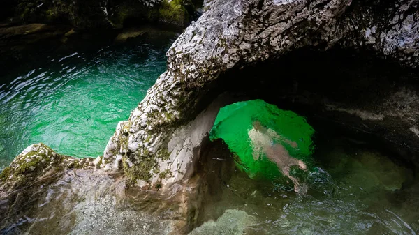 Girl Swimming Little Elephant Rock Formation Mostnica River Gorge Slovenia — Stock Photo, Image