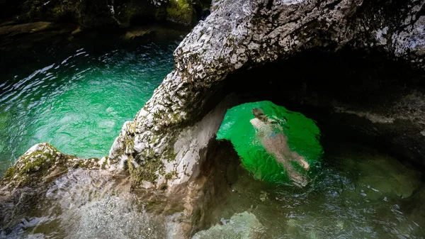 Person Swimming Little Elephant Rock Formation Mostnica River Gorge Slovenia — Stock Photo, Image