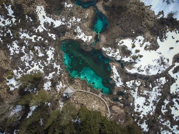 Luchtfoto Boven Natuurpark Zelenci Met Sneeuw Slovenië — Stockfoto