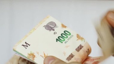 Beyaz kadın sağ eli Arjantin pesolarını sayıyor. Para düşük açılı, hala çekimde ve beyaz arka planda.
