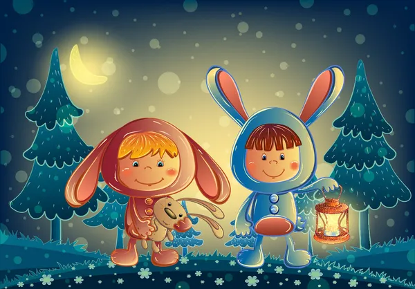 孩子们穿着的兔子来一盏灯在晚上 — 图库矢量图片#