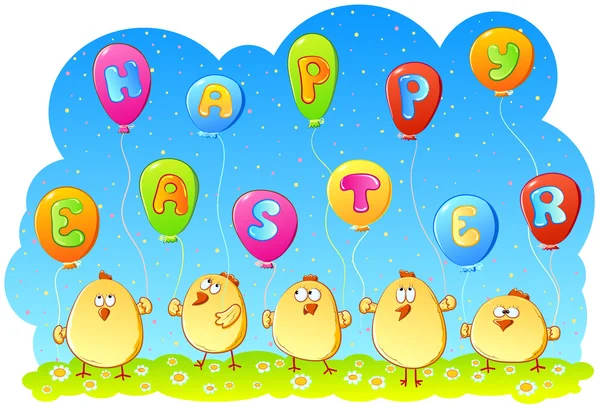 Chicks met ballonnen "happy easter" — Stockvector