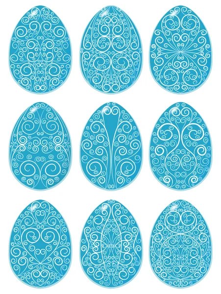 Conjunto de huevos de Pascua azules con patrón blanco — Vector de stock