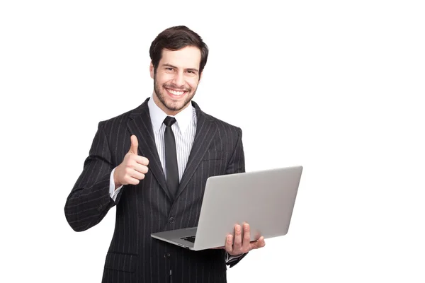 Affärsman som visar ok med en bärbar dator — Stockfoto