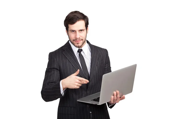 Selbstbewusster eleganter Mann mit Laptop — Stockfoto