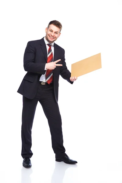 Wooden board holded by an elegant man — Stock Photo, Image
