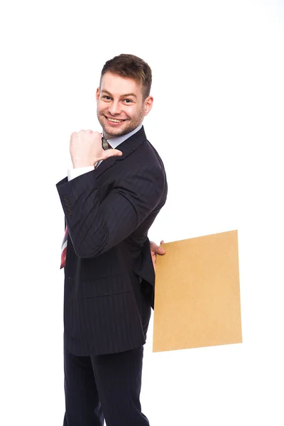 Wooden board holded by an elegant man — Stock Photo, Image