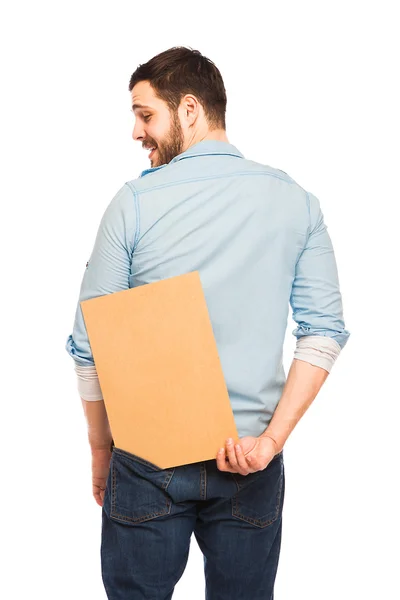 Giovane uomo bello casual vestito con pannello in legno bianco — Foto Stock