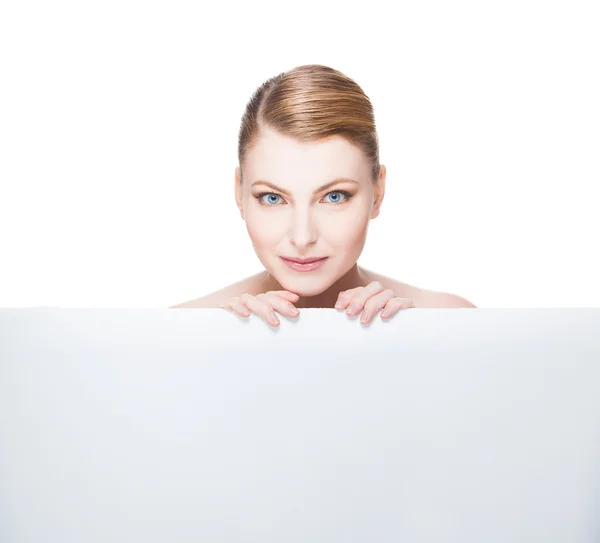 Beautiful expresive and natural woman lying on white panel — Stock Photo, Image