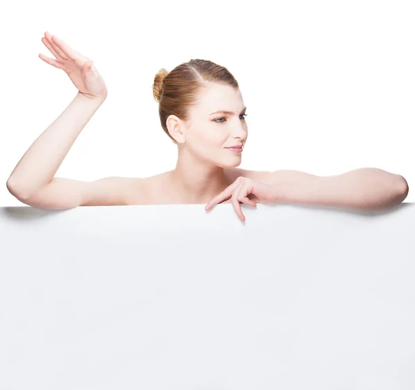 Beautiful expresive and natural woman lying on white panel — Stock Photo, Image