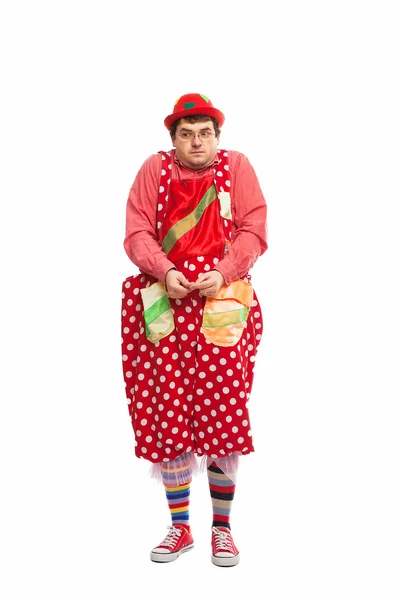 Funny adult dressed in clown isolated on white — Stock Photo, Image