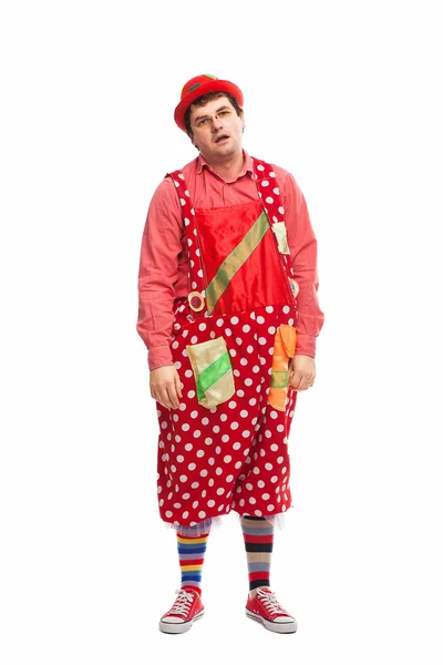 Funny adult dressed in clown isolated on white — Stock Photo, Image