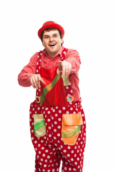 Funny adult dressed in clown isolated on white — Stock Photo, Image