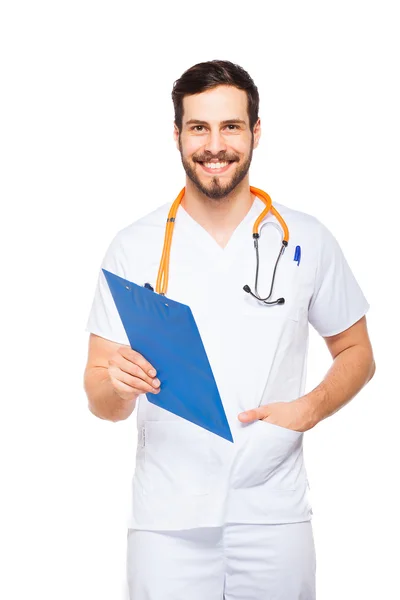 Handsome male doctor with clipboard isolated — Stock Photo, Image