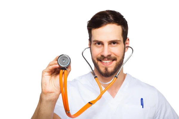 Homme médecin écoute avec stéthoscope — Photo