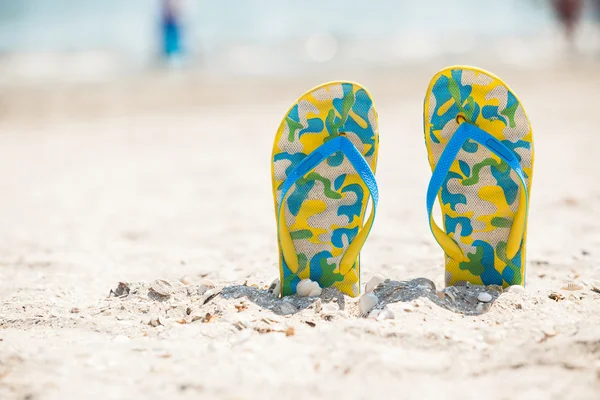 Pair of sandals in sand beach — Stock Photo, Image
