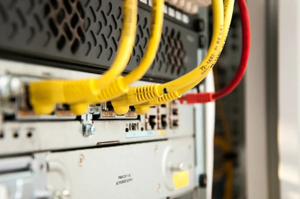 Colored cables connected to WAN router — Stock Photo, Image